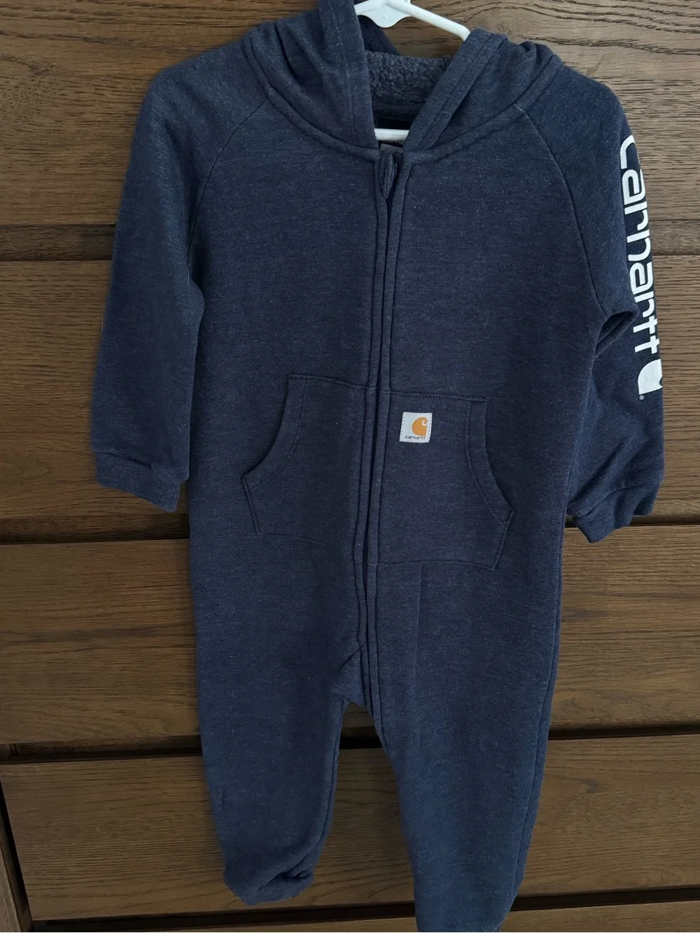 Two Carhartt Kids Hooded Zip One-Pieces in Carhartt Brown and dark navy